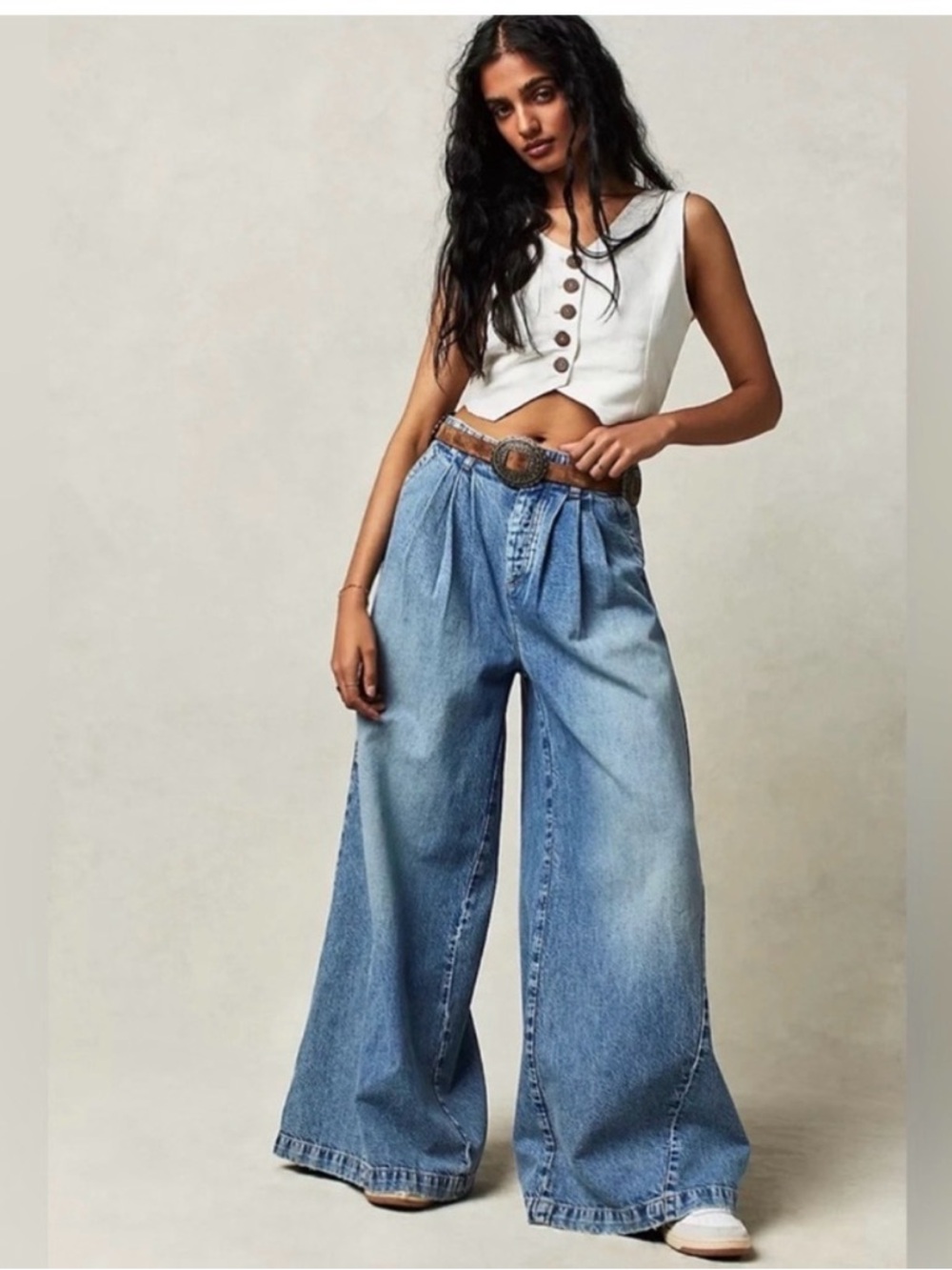 MABLE | Women's Wide Leg Pleated Denim Pants Light Wash High Rise Boho Anthro S - Picture 3 of 10